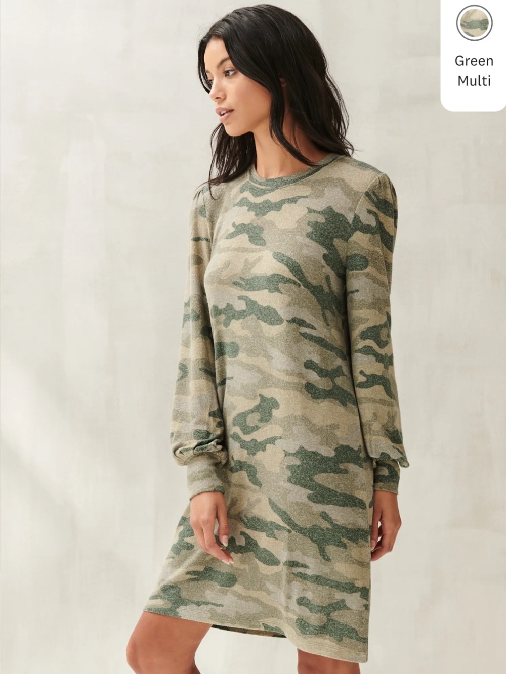 Lucky Brand Women's XS Puff Sleeve Crew Neck Camo Print Cozy Knit Dress New NWT